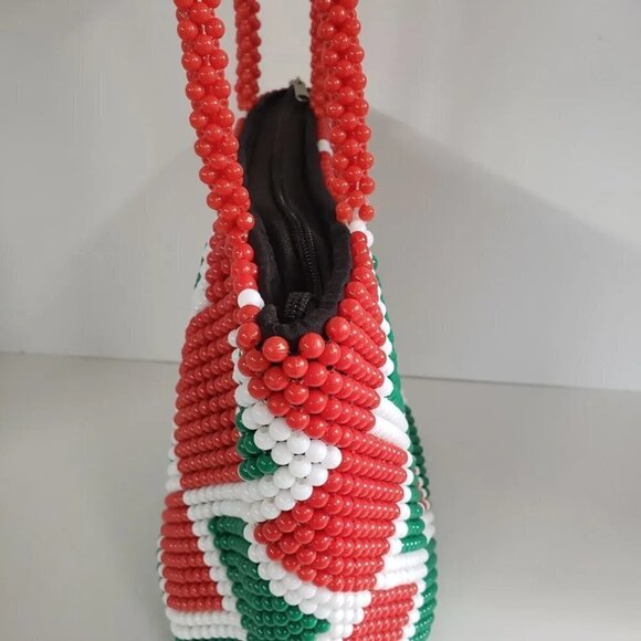 Handmade Red Green White Diamond Pattern Plastic Beaded shoulder Bag - Picture 3 of 8